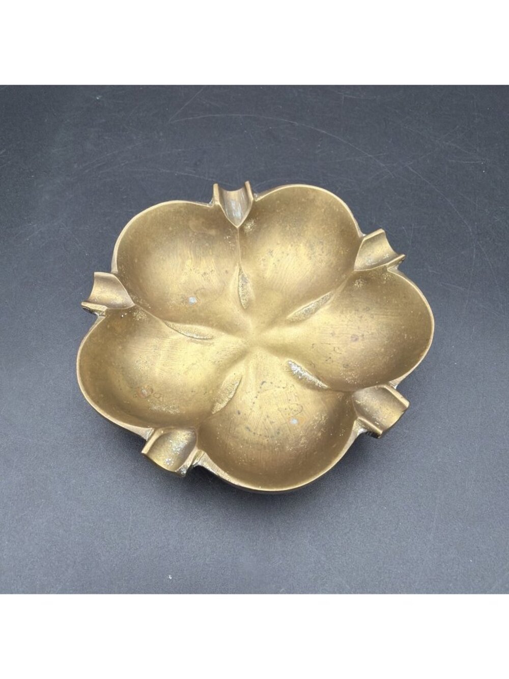 Brass 5 Leaf Clover Shaped Ashtray Dark Brass Patina 4 1/2" MCM